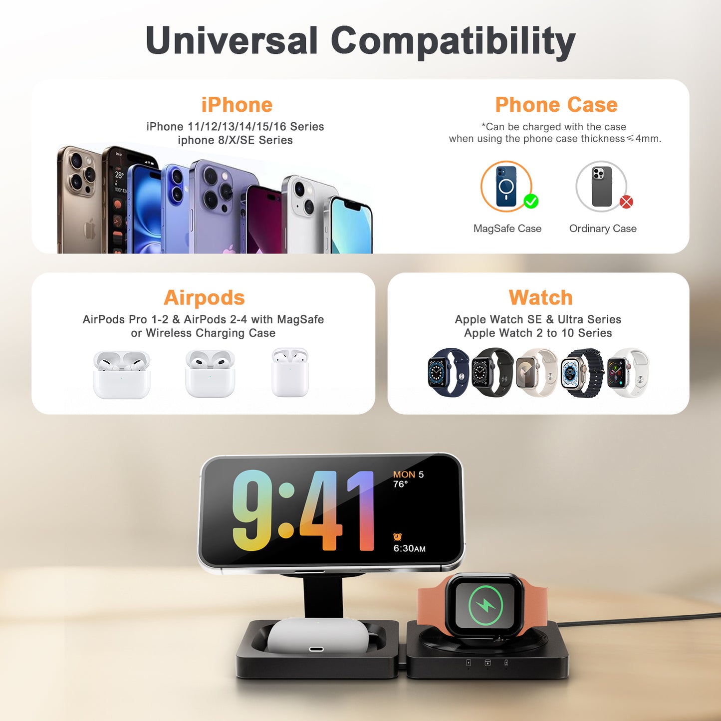 Foldable Magnetic Wireless Charger for iPhone Airpods iWatch: 3 in 1 Charging Station For Apple Multiple Devices - Travel Charging Pad Dock Compatible with Apple 12 and above series