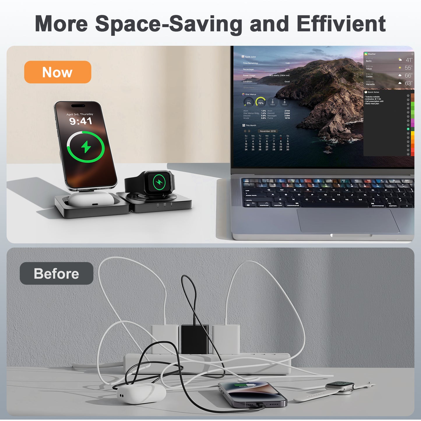 Foldable Magnetic Wireless Charger for iPhone Airpods iWatch: 3 in 1 Charging Station For Apple Multiple Devices - Travel Charging Pad Dock Compatible with Apple 12 and above series