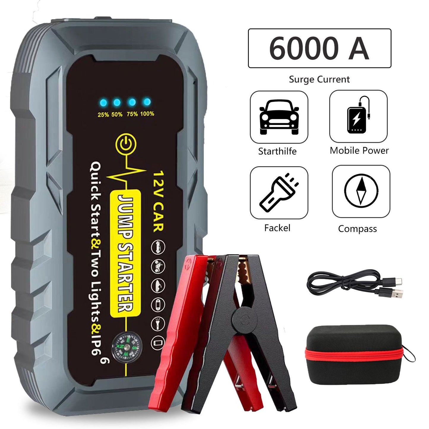 Car Battery Jump Starter Portable, 6000A Peak Jump Box Starter for Car with Indicator Lights, Smart Clamps, Charging Cable, Storage Case For 12V Diesel and Gasoline Vehicles