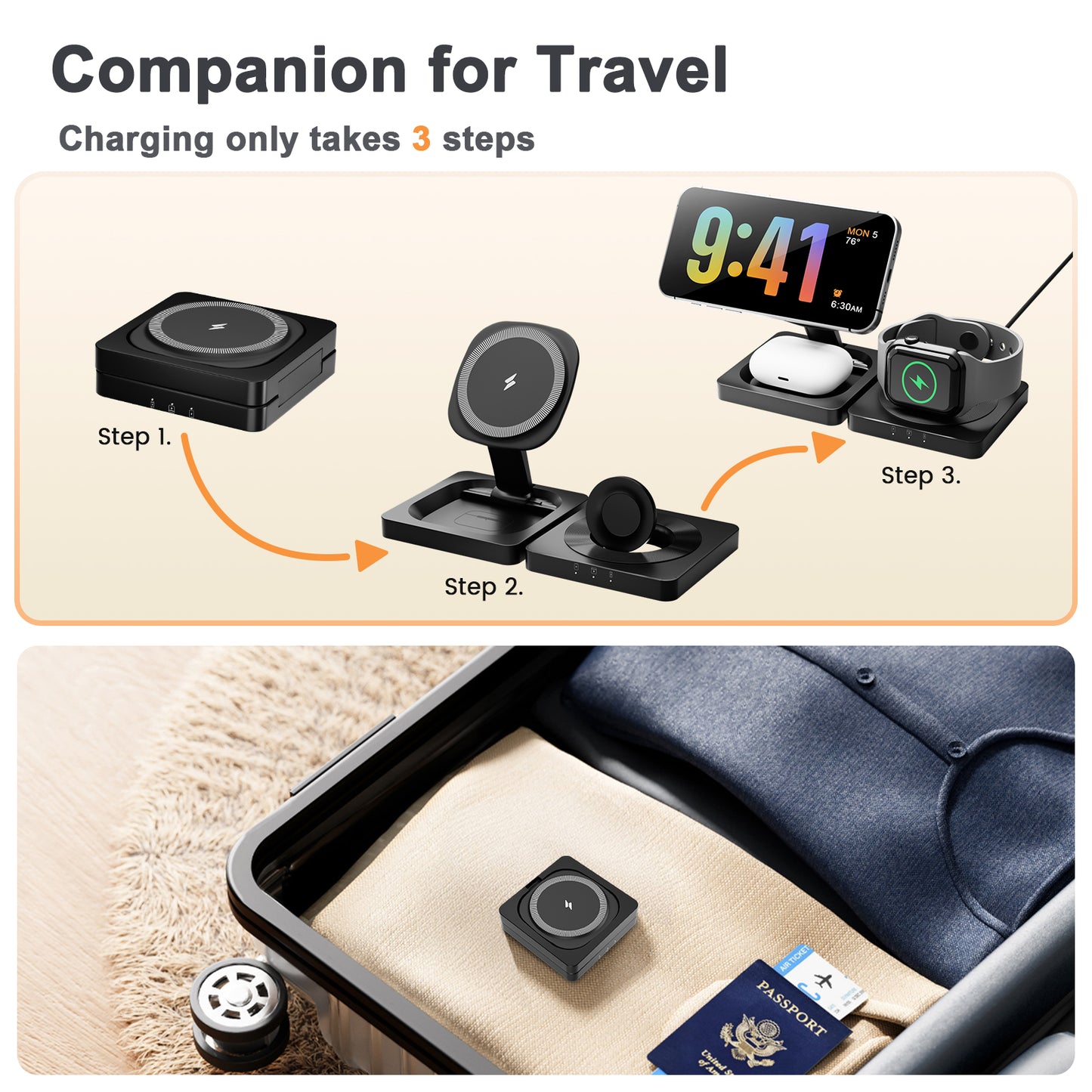 Foldable Magnetic Wireless Charger for iPhone Airpods iWatch: 3 in 1 Charging Station For Apple Multiple Devices - Travel Charging Pad Dock Compatible with Apple 12 and above series