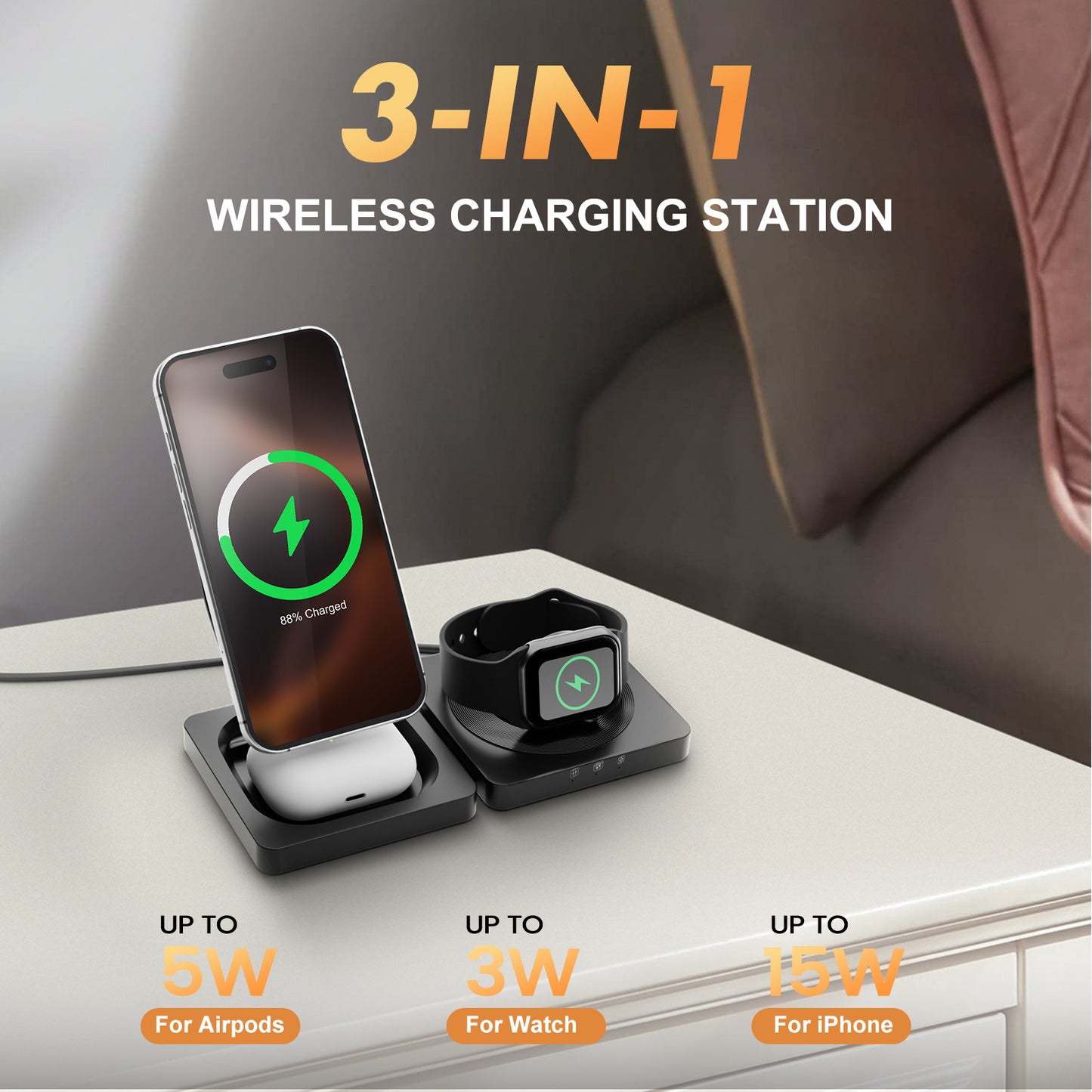 Foldable Magnetic Wireless Charger for iPhone Airpods iWatch: 3 in 1 Charging Station For Apple Multiple Devices - Travel Charging Pad Dock Compatible with Apple 12 and above series