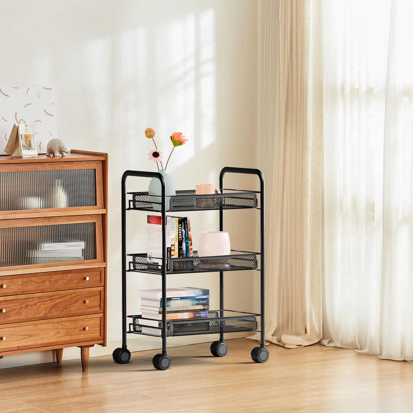 Mesh Rolling Cart with Lockable Wheels, 3 Tier Rustproof Metal Cart with Hooks, Kitchen Rolling Shelf, Mesh Storage Basket for Living Room, Bathroom, Kitchen, Office, Black
