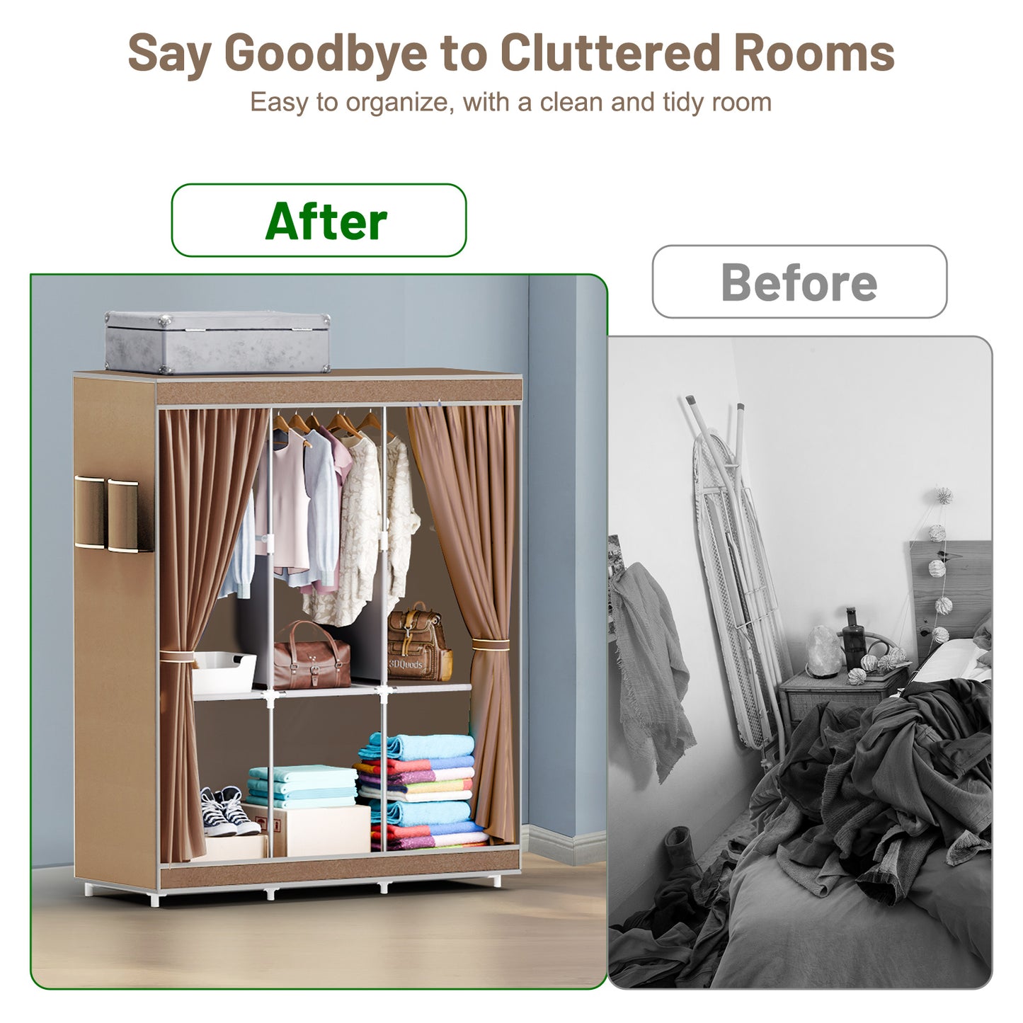 Portable Closet, Clothing Rack Shelf, Dustproof Non-Woven Fabric Closet with Cover, Beige