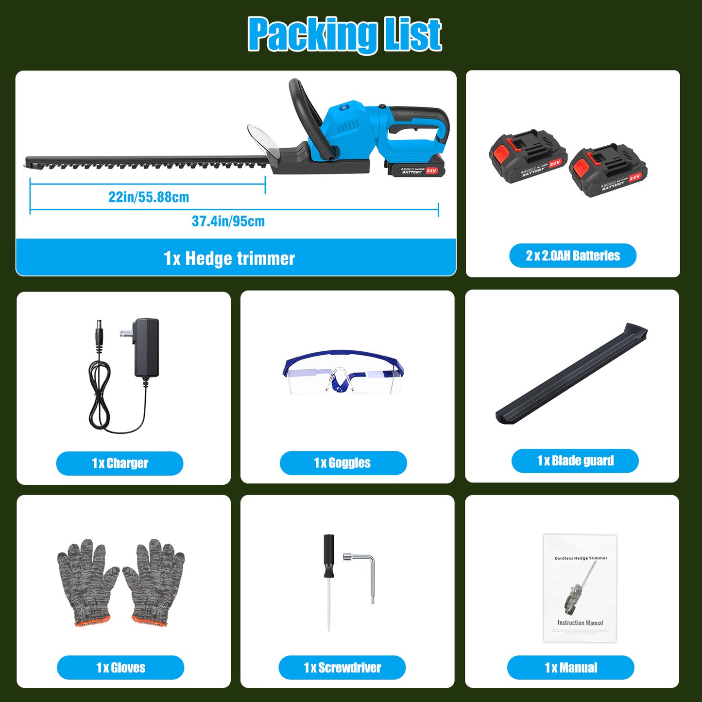 22" Cordless Hedge Trimmer with 180~ Rotatable Head, 21V Electric Bush Trimmer with 2 x 2000mAh Batteries, 1000W 24000r/min Motor, 68Mn Steel Blade for Garden Yard, Blue