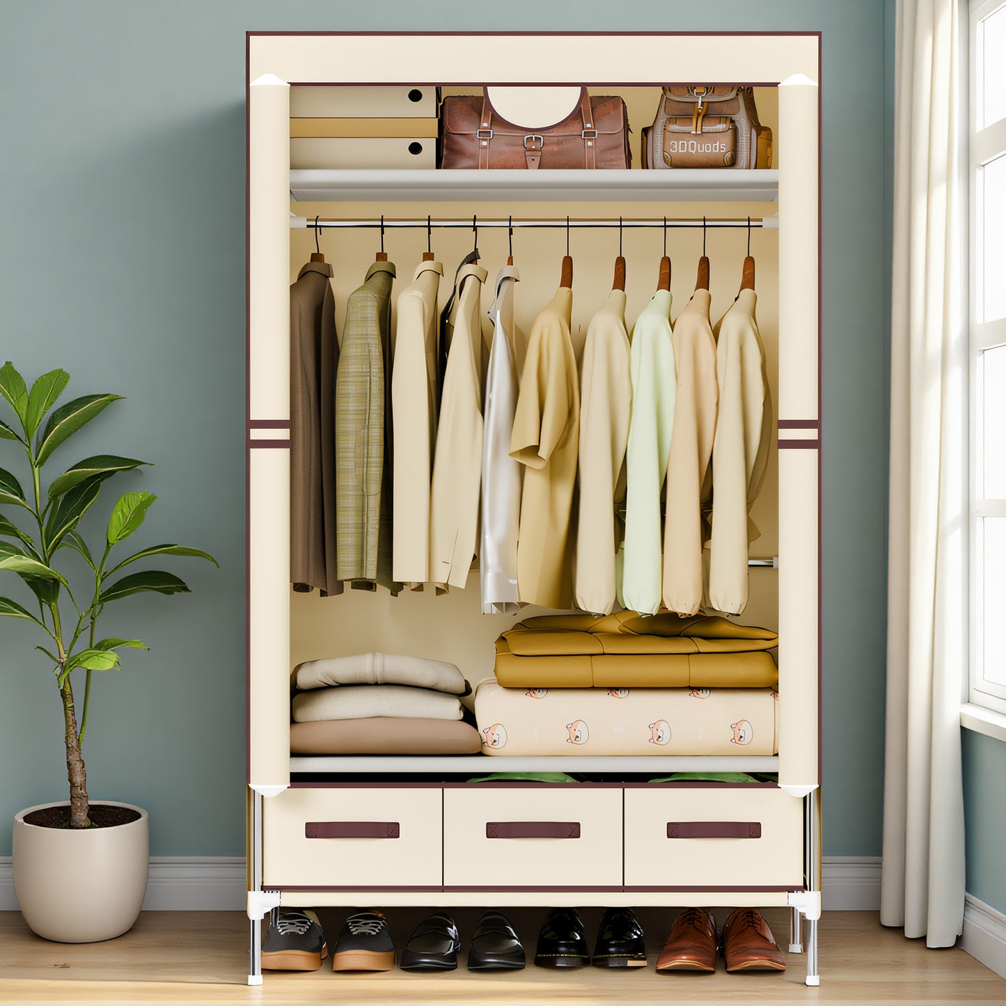 Durable Clothes Storage, Non-Woven Fabric Portable Closet Hanging Closet Organizers and Storage, Easy to Assemble, Includes 3 Storage Drawers, Ideal for Rentals, Dorms, Bedrooms, Beige