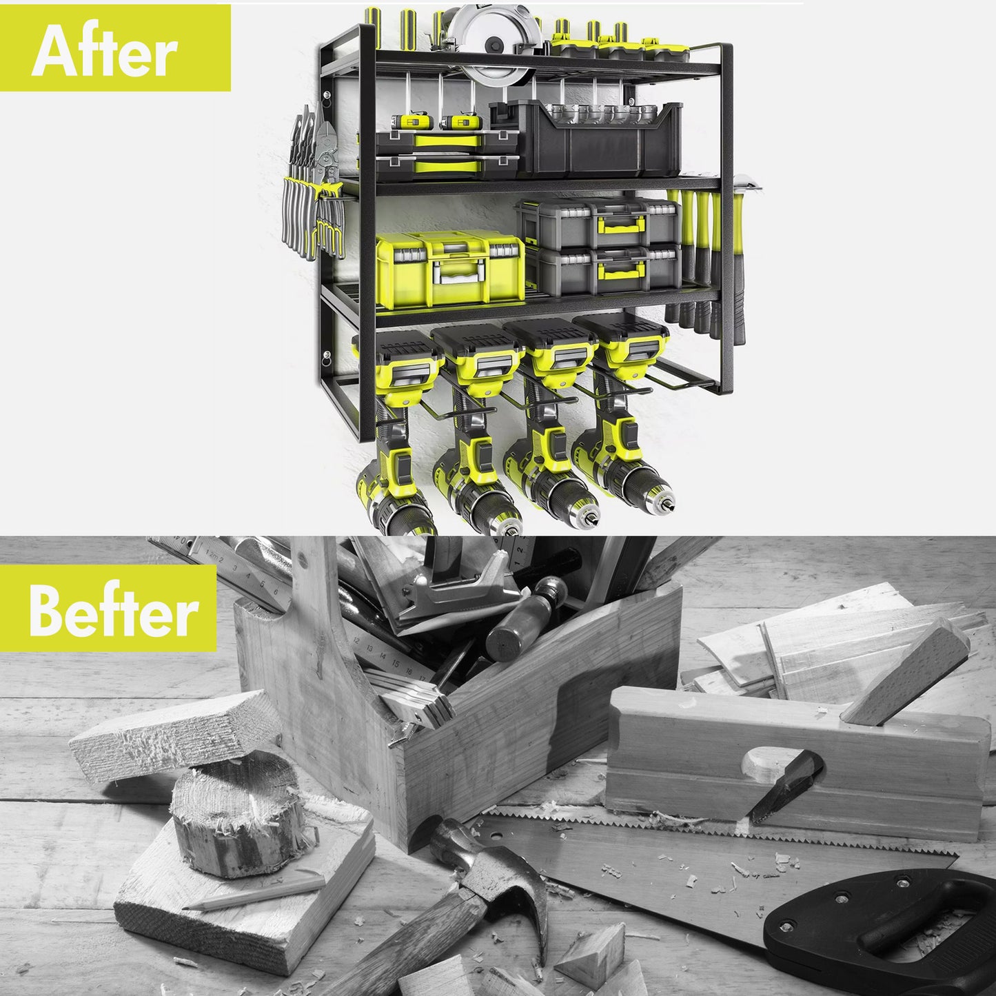 ALSO GO 4 Layers Power Tool Organizer, Heavy Duty Metal Tool Storage Rack, Drill Holder Wall Mount, Battery Tools Holder Shelf, Utility Tool Shelves for Workshop or Garage, Black