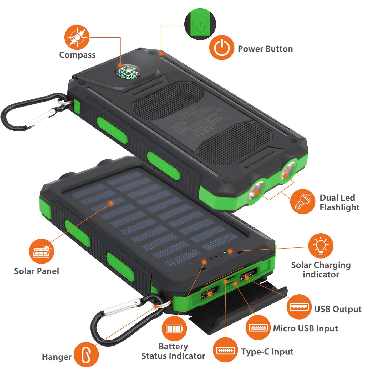 CATGOOD Solar Charger for Cell Phone 20000mAh, Portable Solar Power Bank with Dual 5V USB Ports, 2 Led Light Flashlight, Compass (Green)