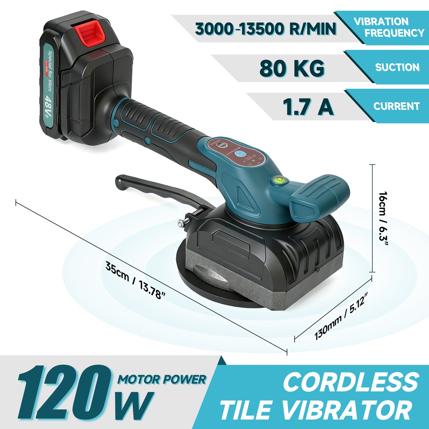 Tile Vibration Leveling Machine, Cordless Tiler Vibration Tool with 5 Adjustable Speed, 2-in-1 Tile Vibration Machine with 5.2in Suction Cup & 176Lbs Adsorption, 2 Batteries
