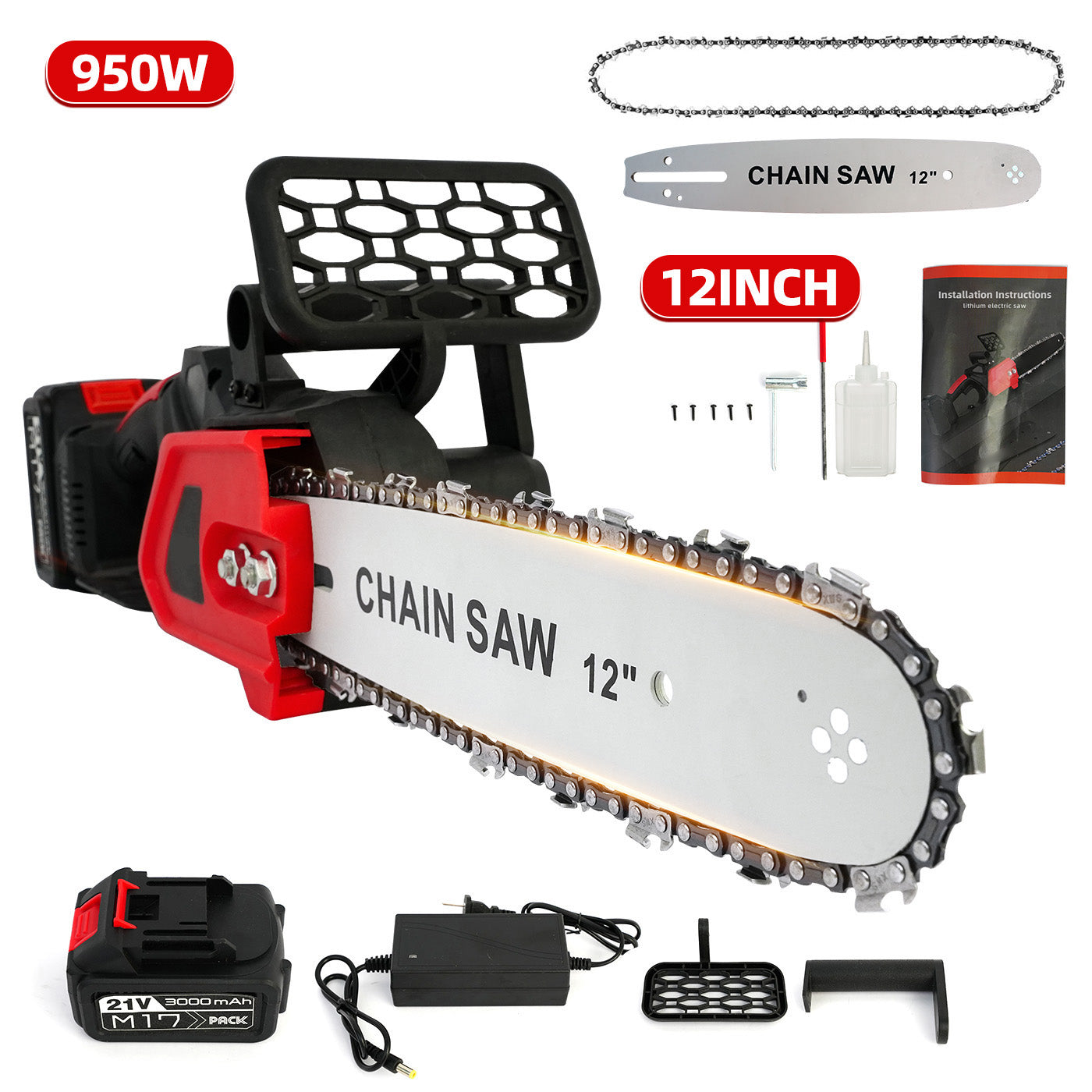 CATGOOD 12" Cordless Chainsaw, 950W Brushless Motor Battery Chain Saw with 21V Rechargeable 3.0Ah Battery and Charger for Wood Cutting