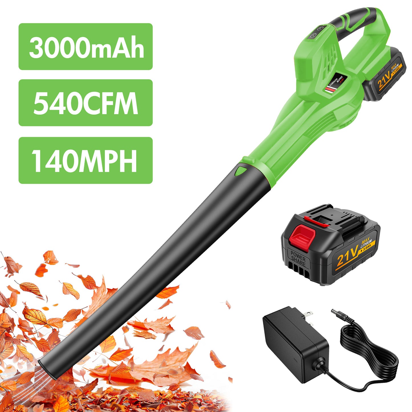 Cordless Leaf Blower, 21V Leaf Blower with 1 Battery, 6-Speed Leaf Blowers for Lawn Care, Patio, Blowing Leaves, Green