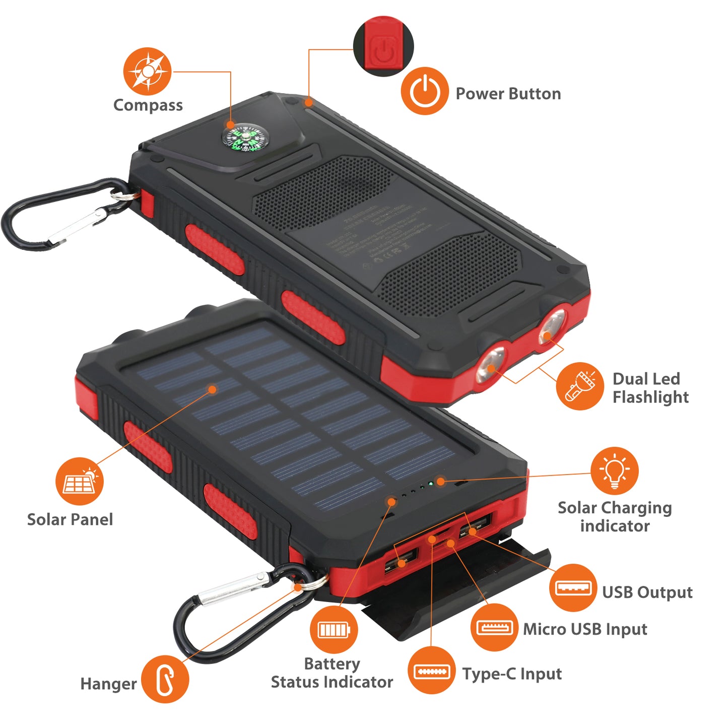 CATGOOD Solar Charger for Cell Phone 20000mAh, Portable Solar Power Bank with Dual 5V USB Ports, 2 Led Light Flashlight, Compass (Red)