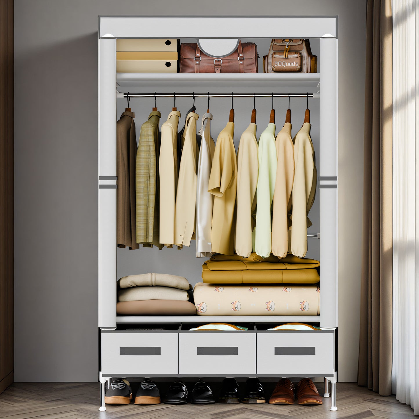 Portable Closet Wardrobe with 3 Storage Drawersfor Home Bedroom, 67 Inches Tall Closet Organizer with Hanging Space for Coats and Bags, turdy & Easy to Assemble, Off-White