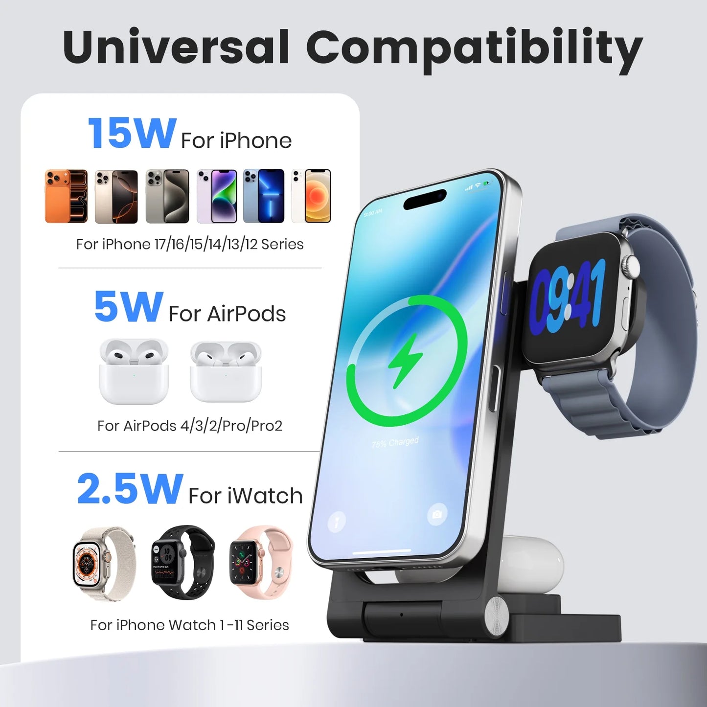 Magnetic Charging Station,3 in 1 Foldable Wireless Charger Compatible for iPhone 17/16/15/14/13/12 Plus Pro Max,Portable Charger Dock for iWatch & AirPods,Black