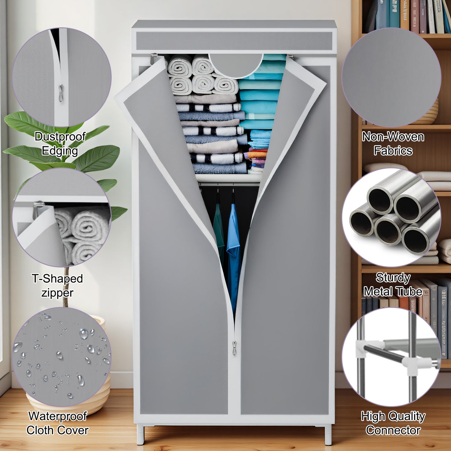 Wardrobe Closet for Hanging Clothes, Bedroom Clothes Closet Storage Organizer, Fabric Wardrobe, Portable Closet with Hanging Rods, Gray