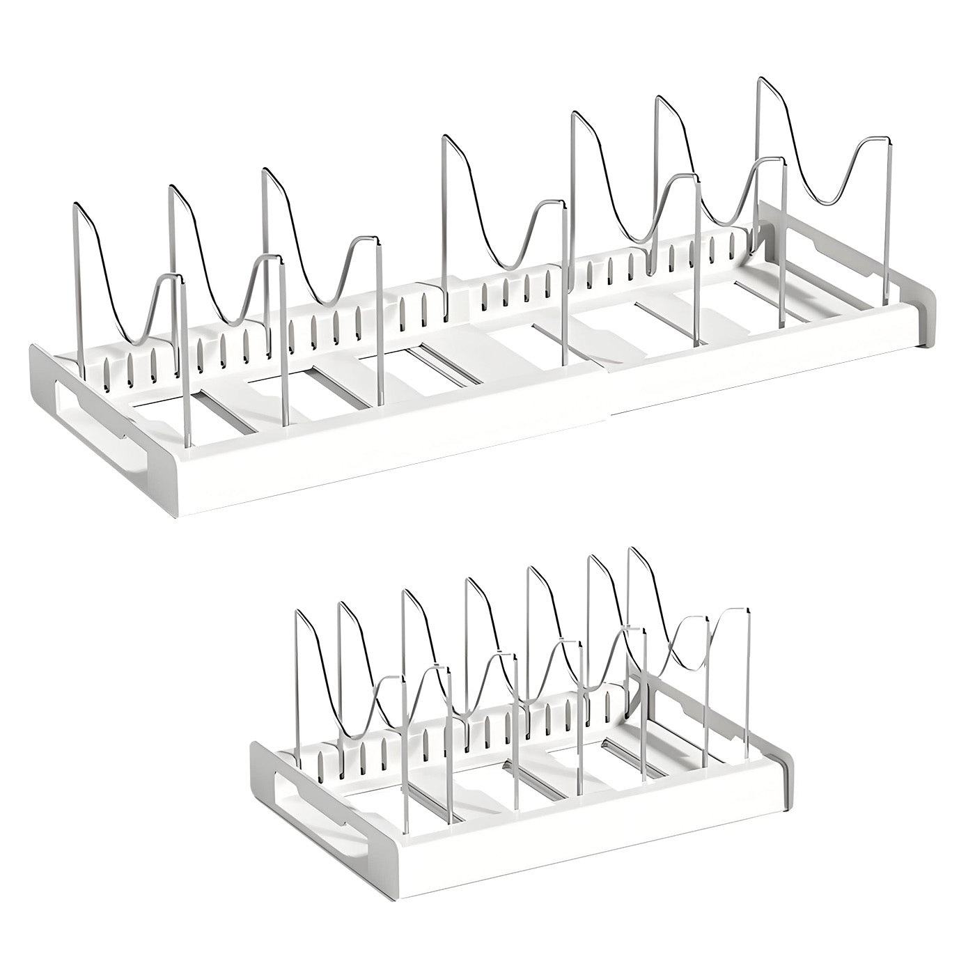 Expandable Pan Organizer, Pots and Pans Organizer with 12 Adjustable Shelves, Multifunctional Lid Organizer for Kitchen Cabinets, Stainless Steel Pan Rack Lid Holder, White