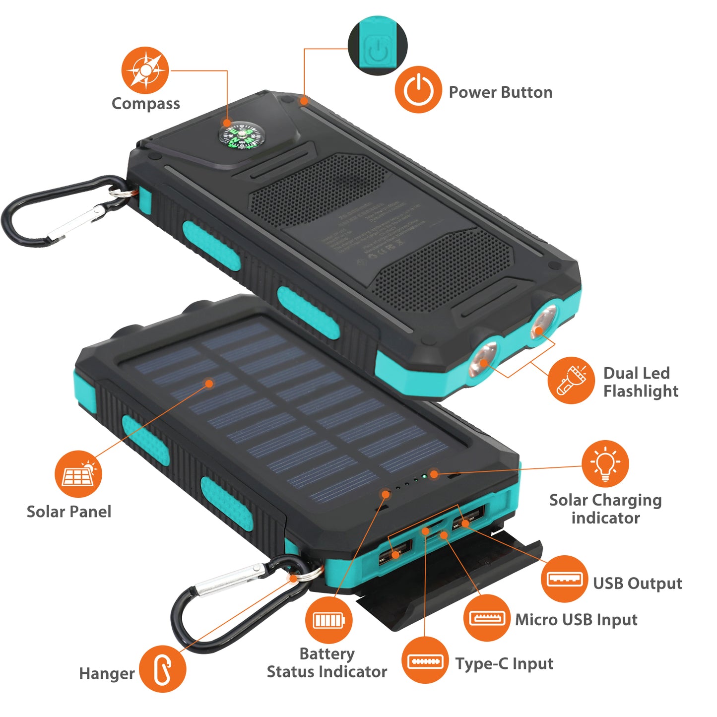 CATGOOD Solar Charger for Cell Phone 20000mAh, Portable Solar Power Bank with Dual 5V USB Ports, 2 Led Light Flashlight, Compass (Blue)