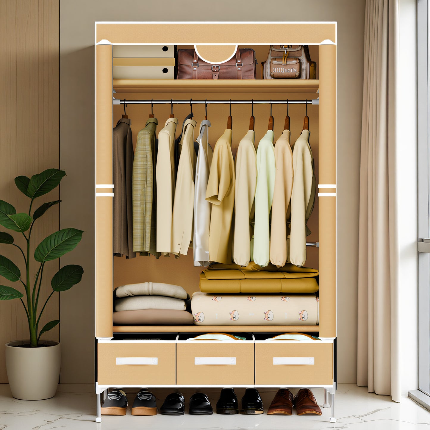Non-Woven Fabric Closet Organizer for Coats and Bags, Portable Wardrobe Closet Includes 3 Storage Drawers for Home Bedroom, Sturdy & Easy to Assemble, Light Coffee