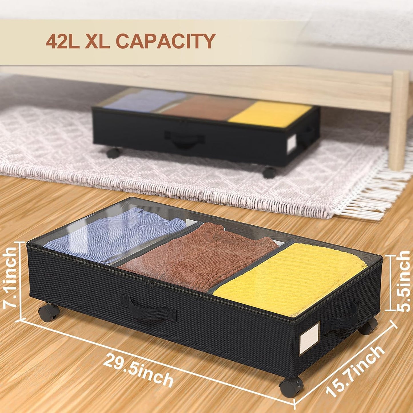 Under Bed Storage with Wheels, Under Bed Storage Containers, Under the Bed Storage Organizer with Clear Lids - Rolling Drawers & Bins for Clothes,Shoes,Toys, 2-Pack (Black)