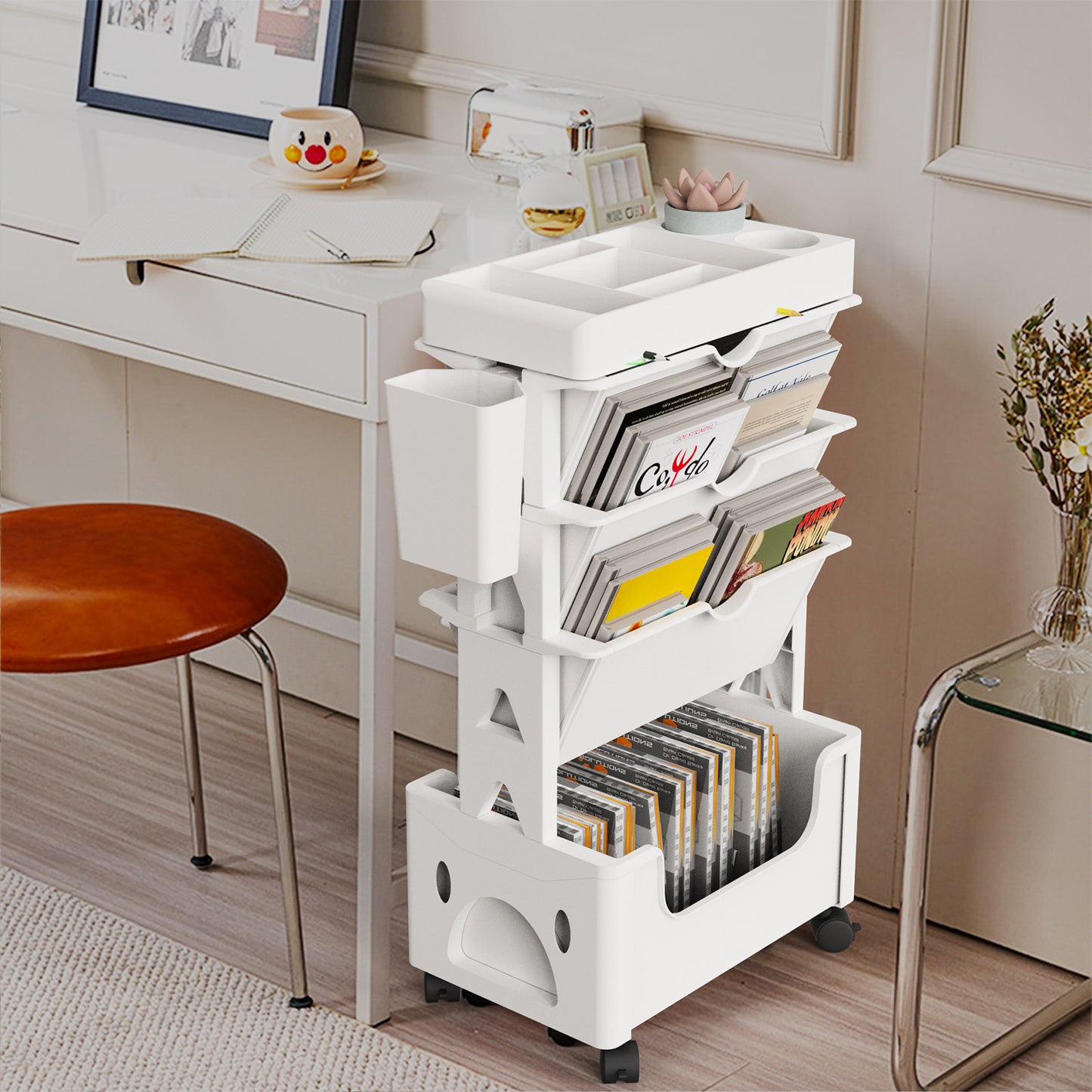 CATGOOD Movable Book Rack with Pen Holder, 5-Tier Storage Bookcase Organizer Mobile Bookshelf Cart with Wheels, Mobile Utility Cart Storage, for Living Room Classroom Office, White