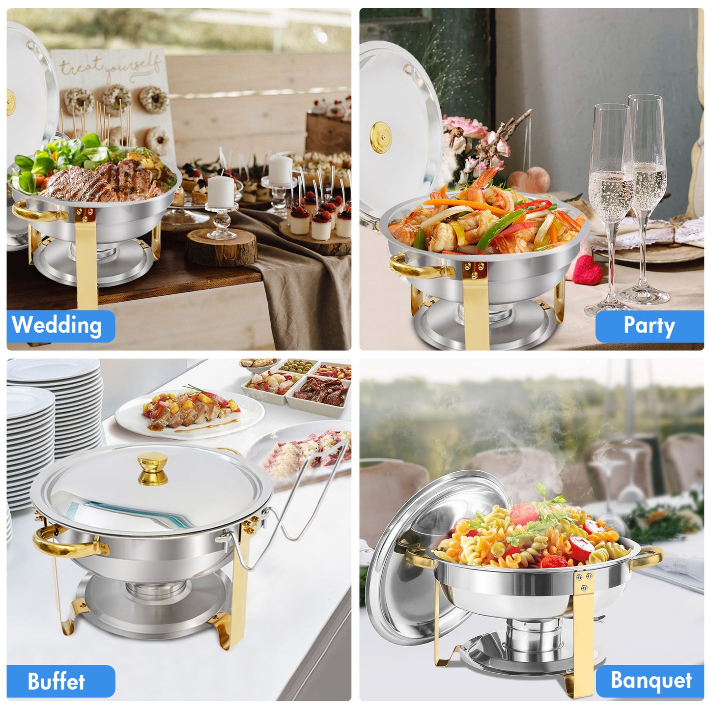 CATGOOD Chafing Dish Buffet Set 4 Pack 5QT Round Half-Gold Plated Stainless Steel Chafing Dish with Stainless Steel Lid, Buffet Warmer Set, for Home Gatherings, Christmas Parties, Catering Events