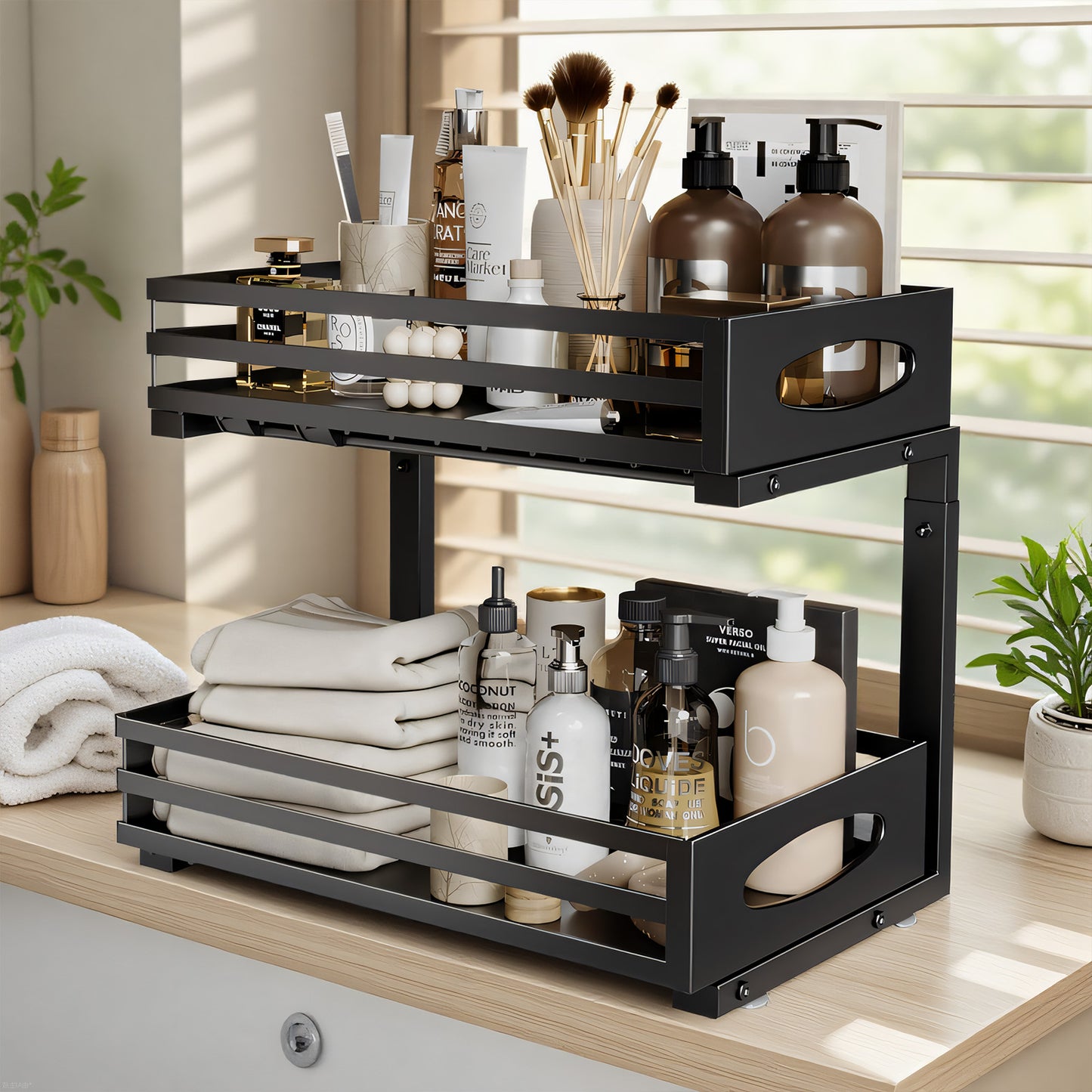 CATGOOD Under Sink Organizer, Multifunctional Pull-Out Under Sink Storage, 2-Tier Under Kitchen Sink Organizer, Waterproof Metal Storage Rack with Sliding Drawer for Kitchen and Bathroom, Black