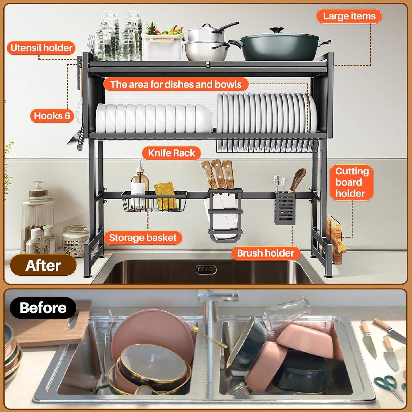 Over The Sink Dish Drying Rack - Adjustable Dish Rack for Kitchen Counter, Metal (Black-37.4Inches)