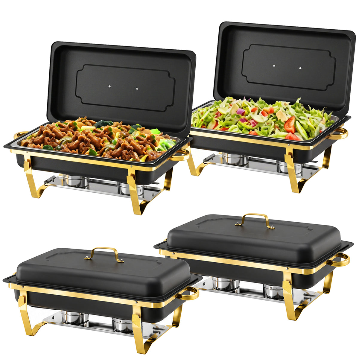 CATGOOD 9QT Black Gold Chafing Dishes for Buffet 4 Pack, Chafing Dish Buffet Set, Stainless Steel Buffet Warmer with Corrosion-Resistant Build, Food Warmers for Parties, Buffet Servers