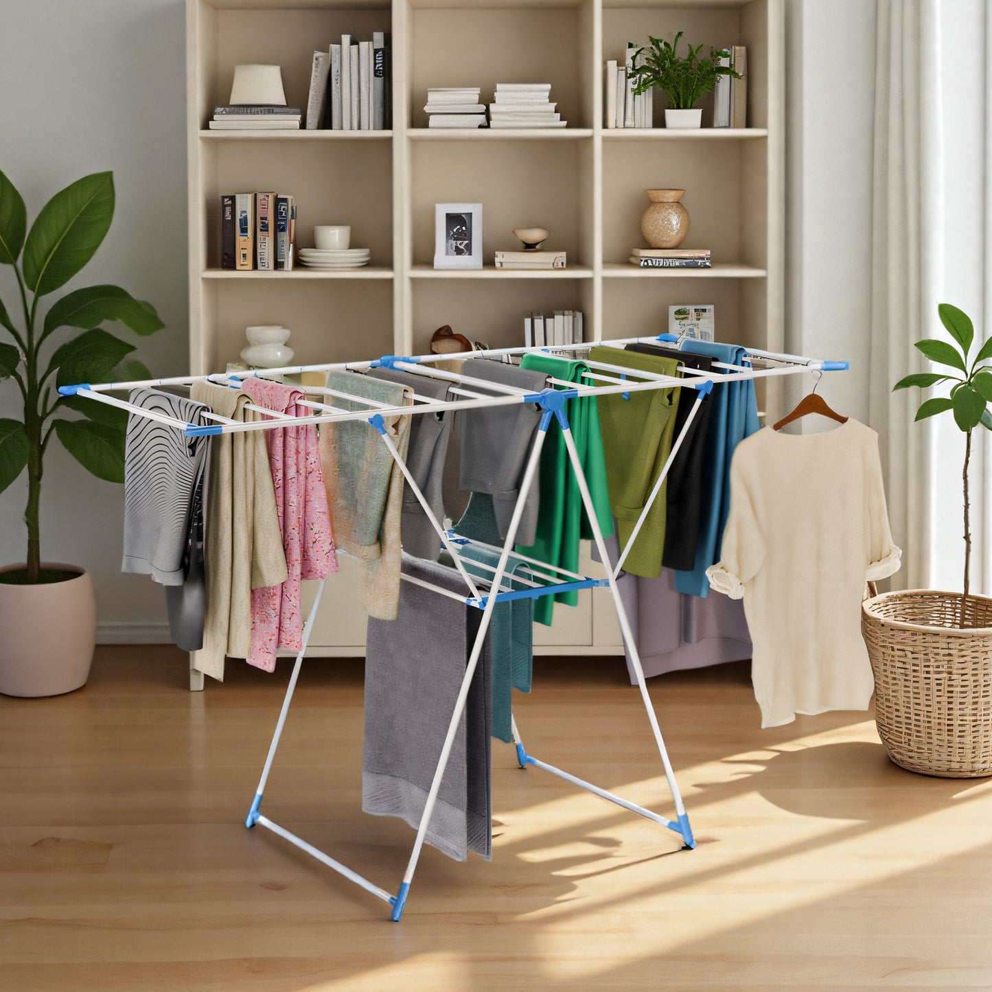 Portable 2-Layer Wing-Style Foldable Clothes Rack with Adjustable Height Wings, Suitable for Indoor/Outdoor Use, Blue