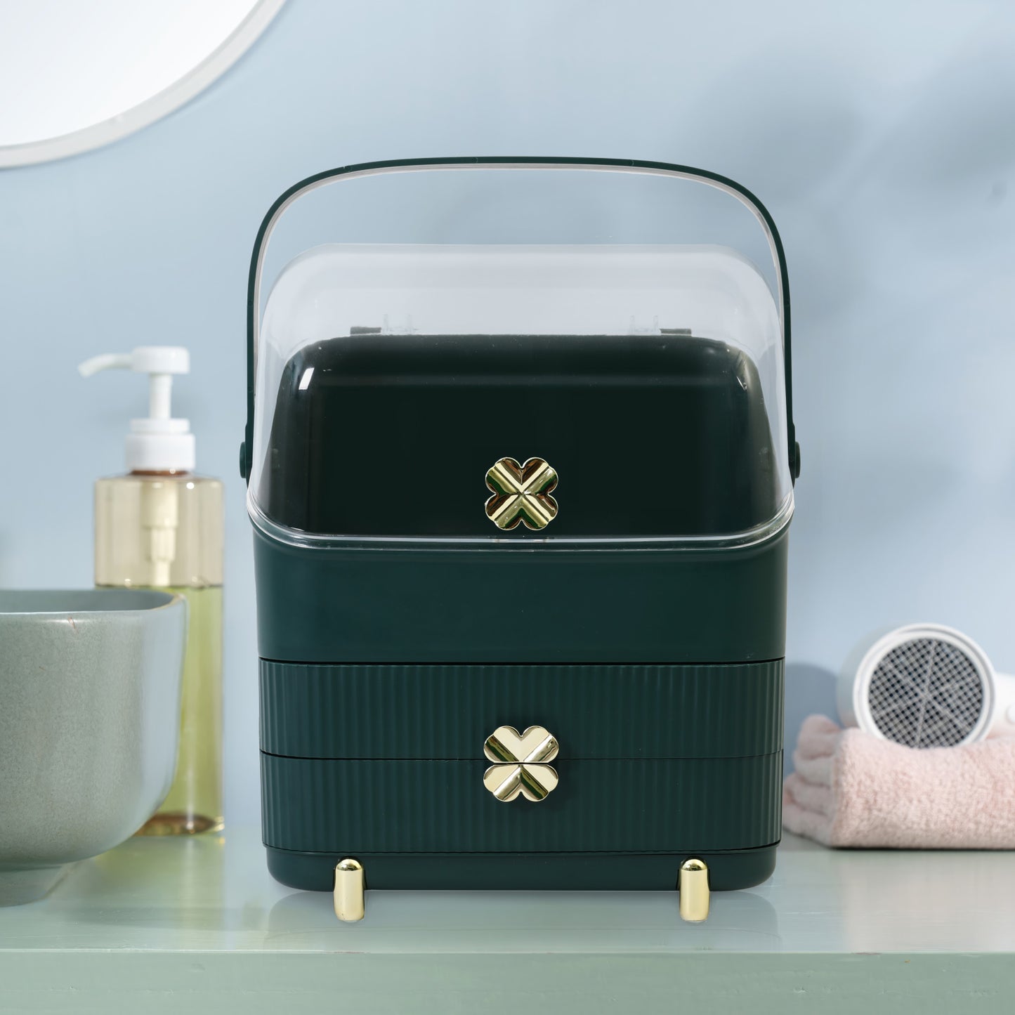 CATGOOD Makeup Organizer Cosmetics Storage with Fully Open Lid, Green, Countertop Cosmetics Display Case, Dresser, Ideal Gift for Women (Dark Green), 10.23*7.08*14.17in