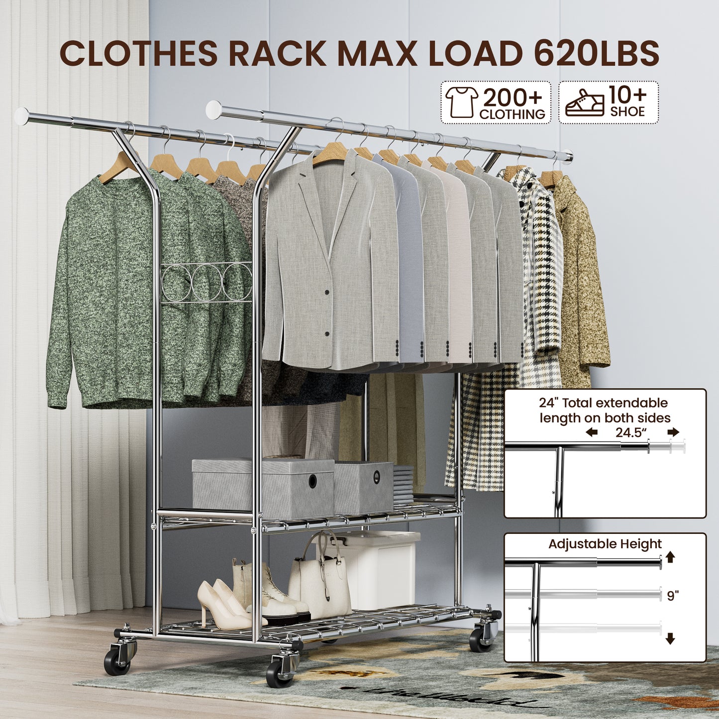 Clothing Rack for Hanging Clothes MAX Loads 620 LBS, Rolling Heavy Duty Clothes Rack With Shelves, Double Rod Clothing Racks Freestanding, Portable Adjustable Garment Rack with Wheels