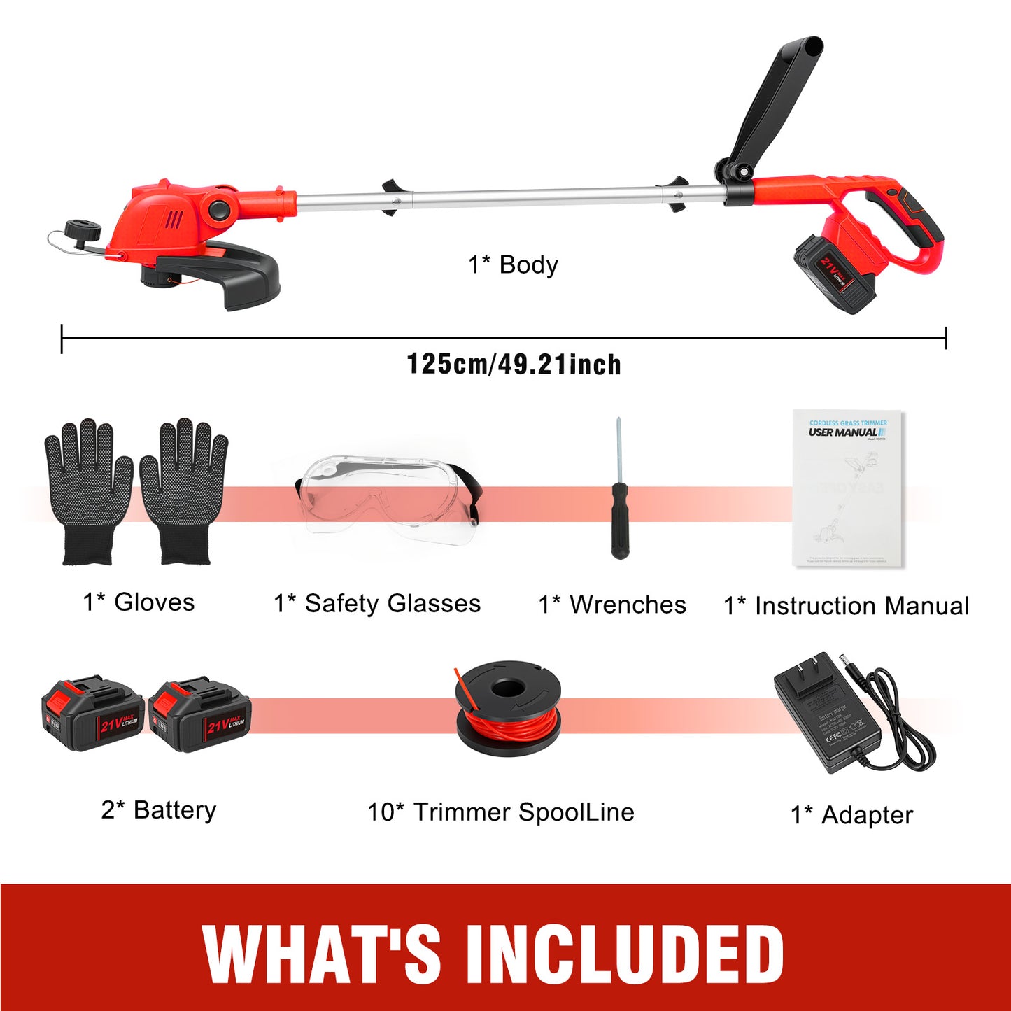 CATGOOD 4AH String Trimmer and Lawn Edger 2 in 1, 12" Cordless Weed Eater with Auto Line Feed, Weed Trimmer with 2 Batteries, Red