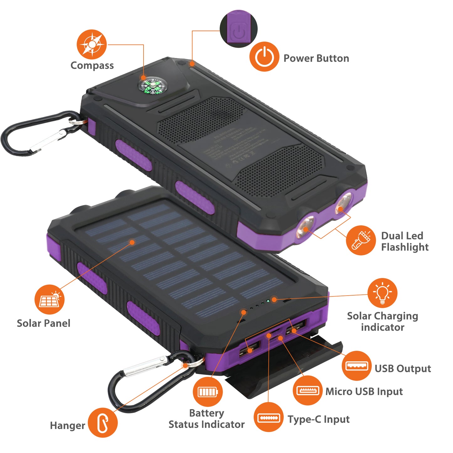 CATGOOD Solar Charger for Cell Phone 20000mAh, Portable Solar Power Bank with Dual 5V USB Ports, 2 Led Light Flashlight, Compass (Purple)