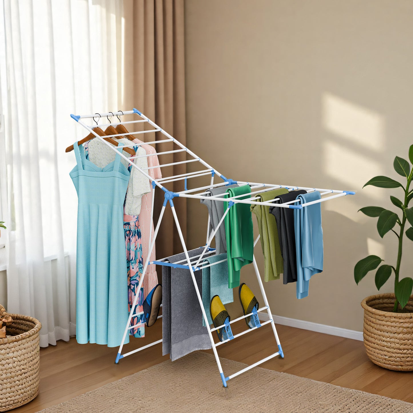 Clothes Drying Rack, 2 Level Foldable Laundry Rack, Rustproof Laundry Clothing Drying Hanger with Height-Adjustable Wings, Space Saving Clothes Garment Dryer, Blue