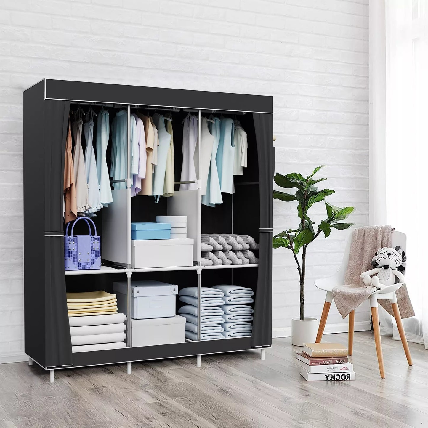 Portable Closet, Clothing Rack Shelf, Dustproof Non-woven Fabric Closet, Black