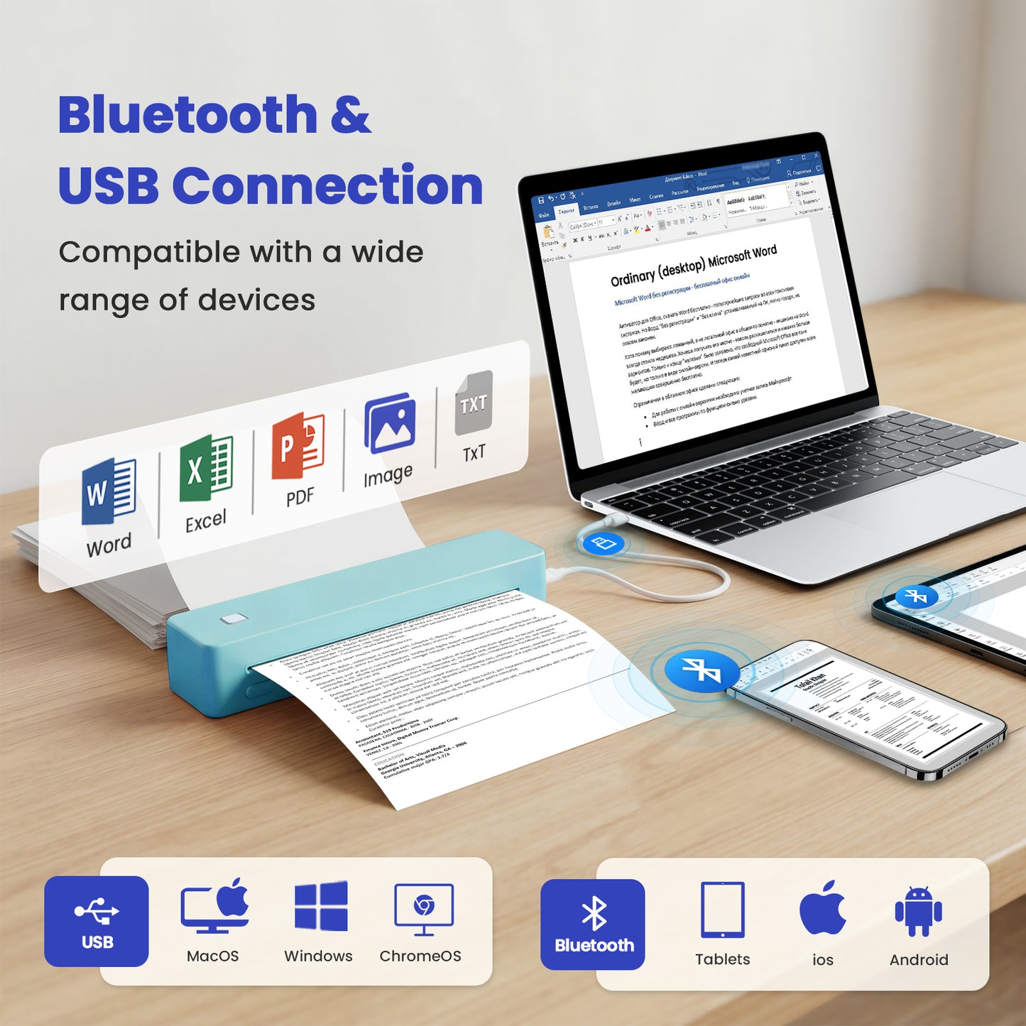 Portable Thermal Printer, Inkless Wireless Travel Printer for Android & iOS, Compatible with US Letter, A4, A5, B5 Thermal Paper