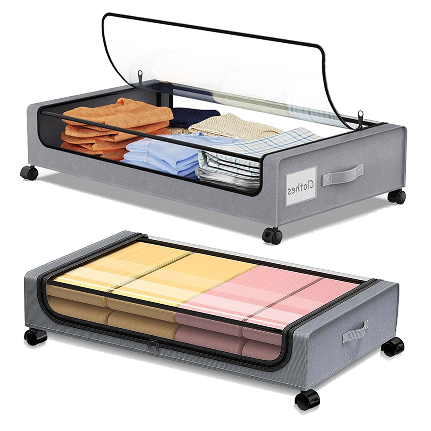 Under Bed Storage with Wheels, 2Pack Under Bed Storage Containers, Under Bed Shoe Storage Organizer, Rolling Under Bed Metal Drawer for Clothes, Blankets,Gary