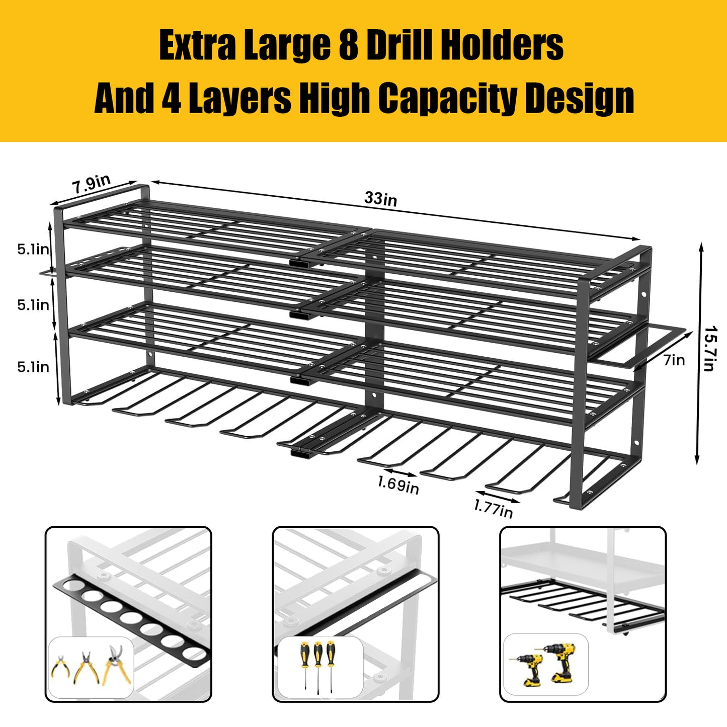 CATGOOD Power Tool Organizer, 8 Drill Holder Wall Mount, 4 Layer Heavy Duty Metal Tool Storage Rack, Battery Tools Holder Shelf,Utility Tool Shelves for Workshop or Garage, Black