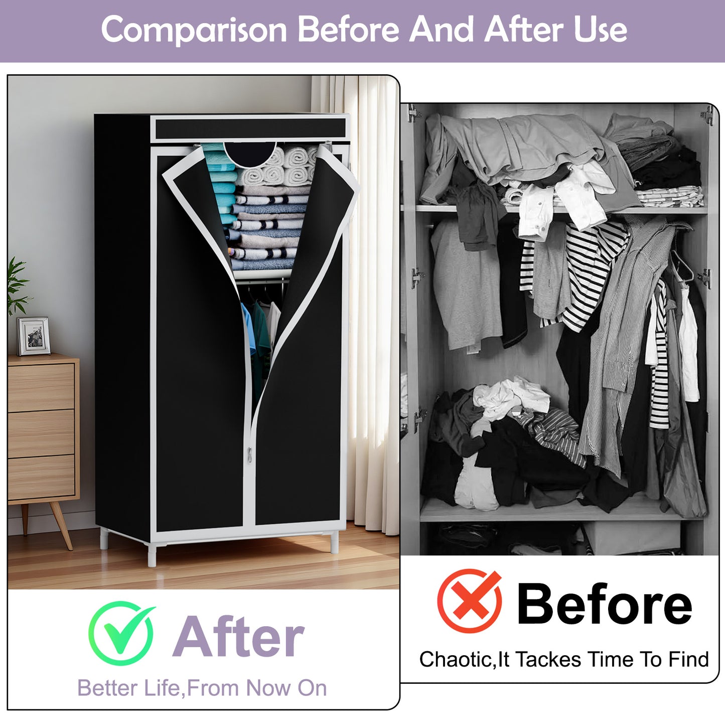 Portable Closet with Hanging Rods, Wardrobe Closet for Hanging Clothes, Bedroom Clothes Closet Storage Organizer, Fabric Wardrobe, for Hanging Clothes, Black