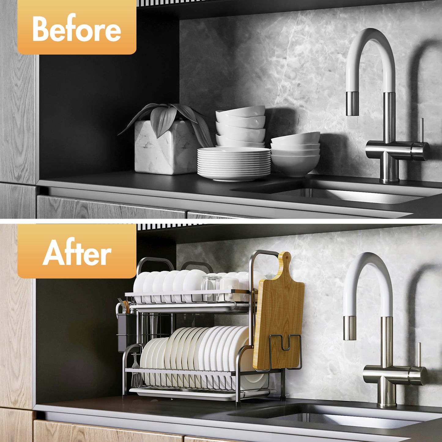 Dish Drying Rack, Kitchen Organization Storage Shelf Dish Drainer Rust-poof Dish Racks for Organizer Home Kitchen Counter with Drainboard, Utensil Holder, Cutting Board Holder