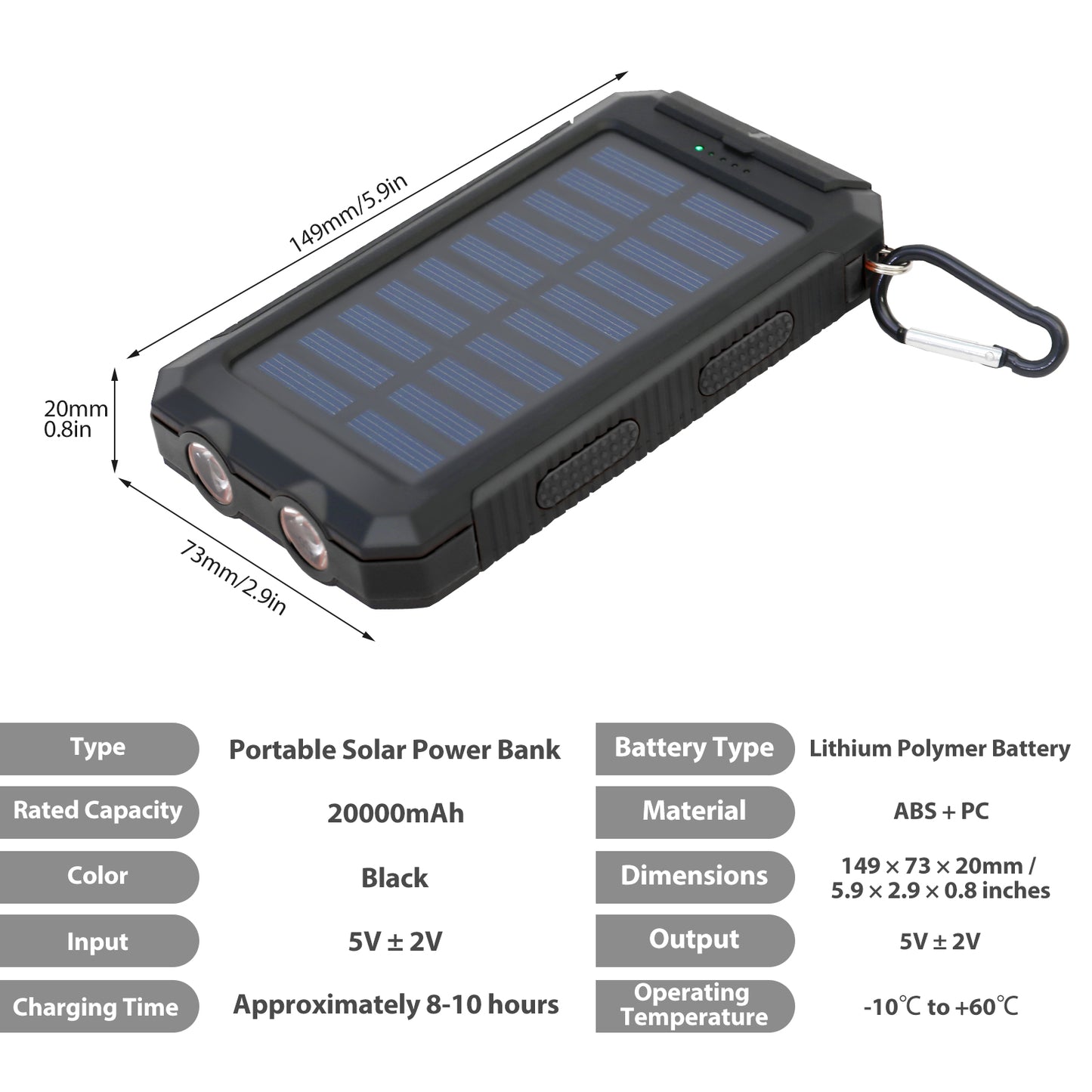 CATGOOD Solar Charger for Cell Phone 20000mAh, Portable Solar Power Bank with Dual 5V USB Ports, 2 Led Light Flashlight, Compass (Black)