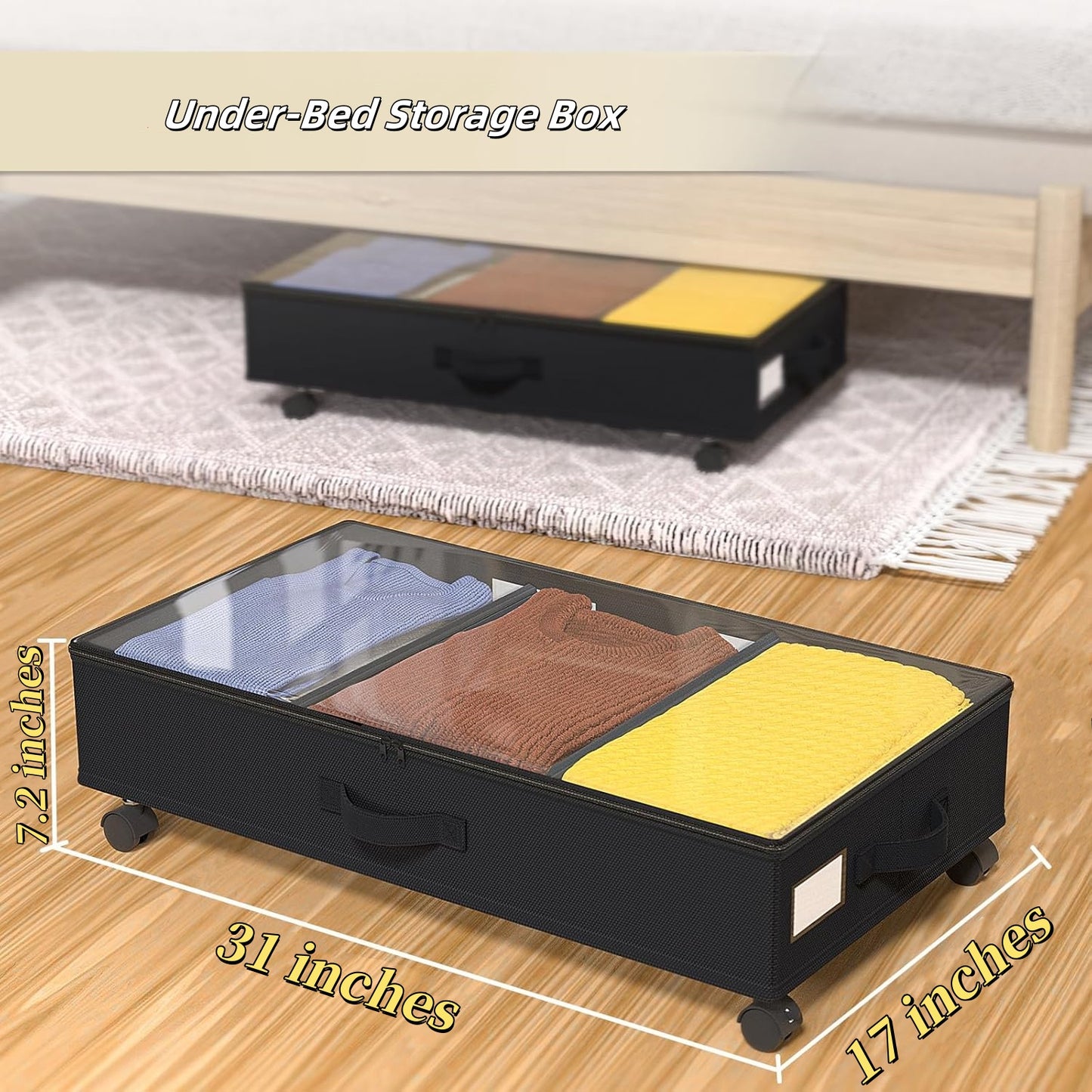 Under Bed Storage with Wheels, Under Bed Storage Containers, Under the Bed Storage Organizer with Clear Lids - Rolling Drawers & Bins for Clothes,Shoes,Toys, 2-Pack (Black)