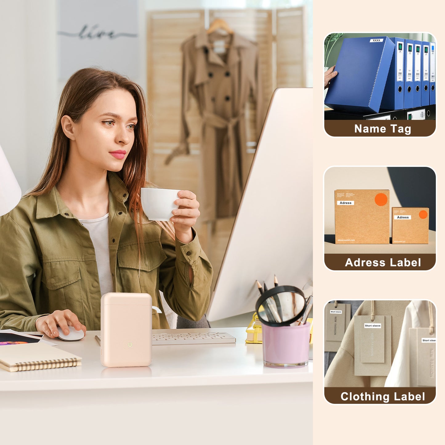 Label Maker Machine with Tape - HP2 Portable Bluetooth Label Printer for Storage, Office, Home, Mini Smart Phone, Pink