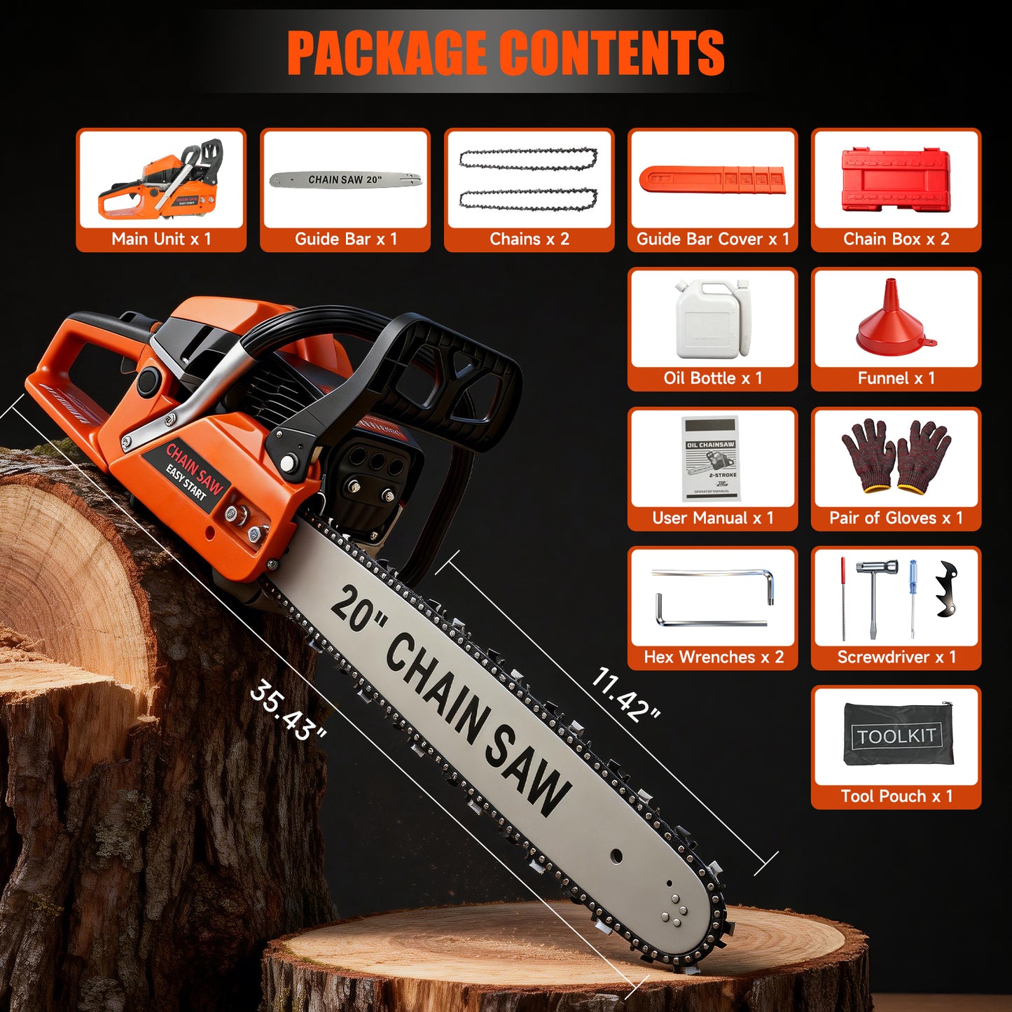 BAOKALER Cordless Gas Chainsaw 20-Inch 62CC, 2-Stroke Engine for Wood Cutting, EPA Certified with 2 Chains, Orange