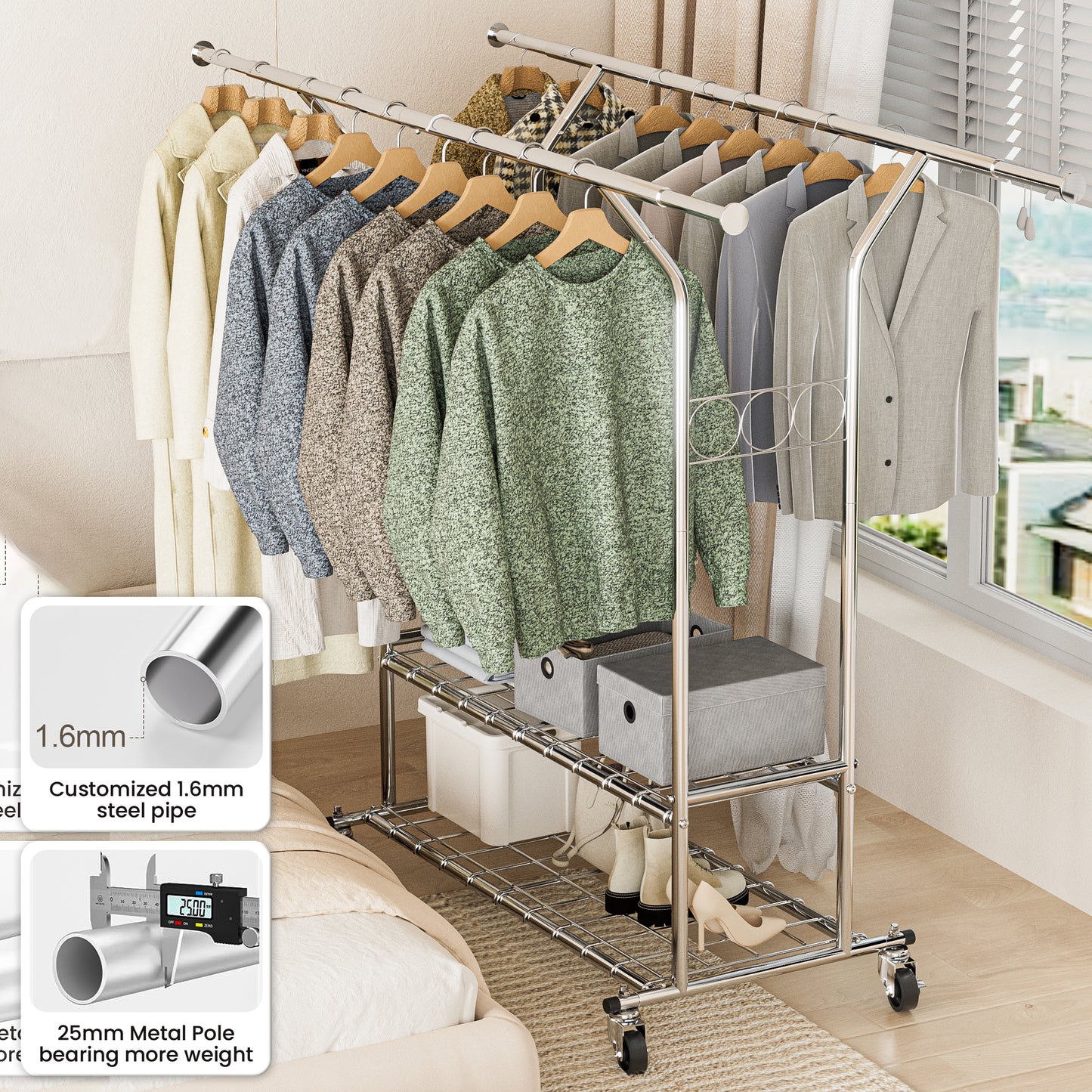 Clothing Rack for Hanging Clothes MAX Loads 620 LBS, Rolling Heavy Duty Clothes Rack With Shelves, Double Rod Clothing Racks Freestanding, Portable Adjustable Garment Rack with Wheels