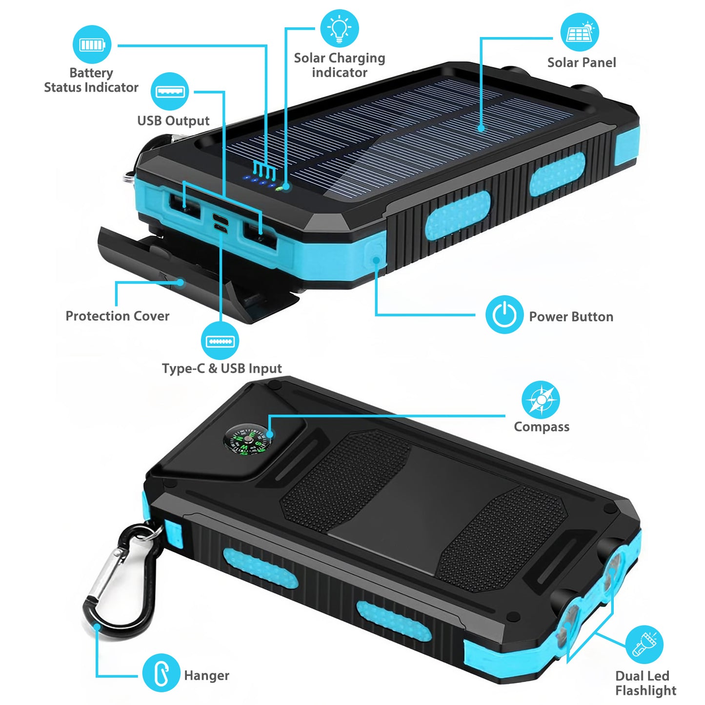 2PK BAOKALER 30000mAh Solar Charger for Cell Phone iPhone, Portable Solar Power Bank with Dual 5V USB Ports, 2 Led Light Flashlight, Compass Battery Pack for Outdoor Camping Hiking(Blue)