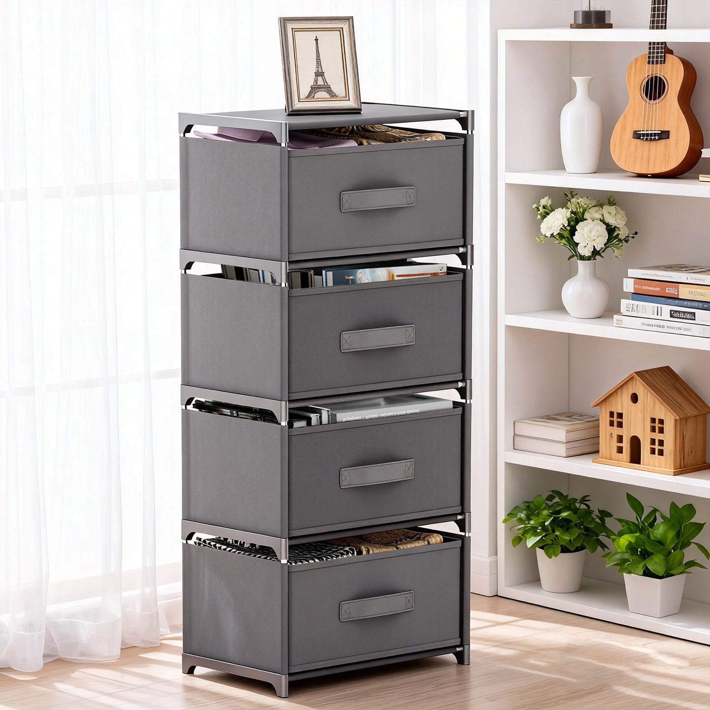 BAOKALER Multifunctional Bedroom Storage Cabinet Drawers for Clothes, Fabric Dressers for Bedroom with 4 Drawers, Small Dresser for Living Room, Hallway, Gray
