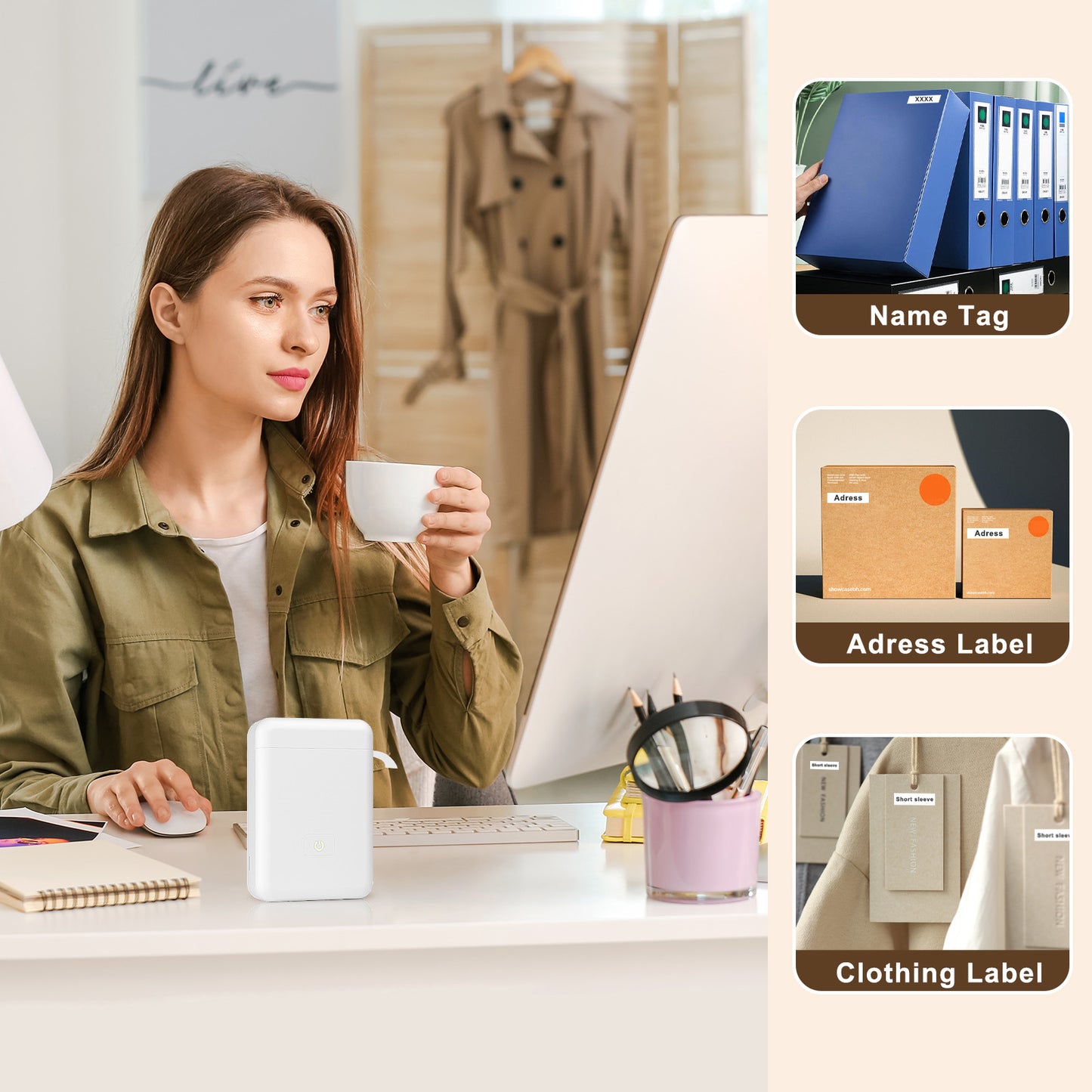 Portable Label Maker Machine with Tape - HP2 Bluetooth Label Printer for Storage, Office, Home, Mini Smart Phone, White