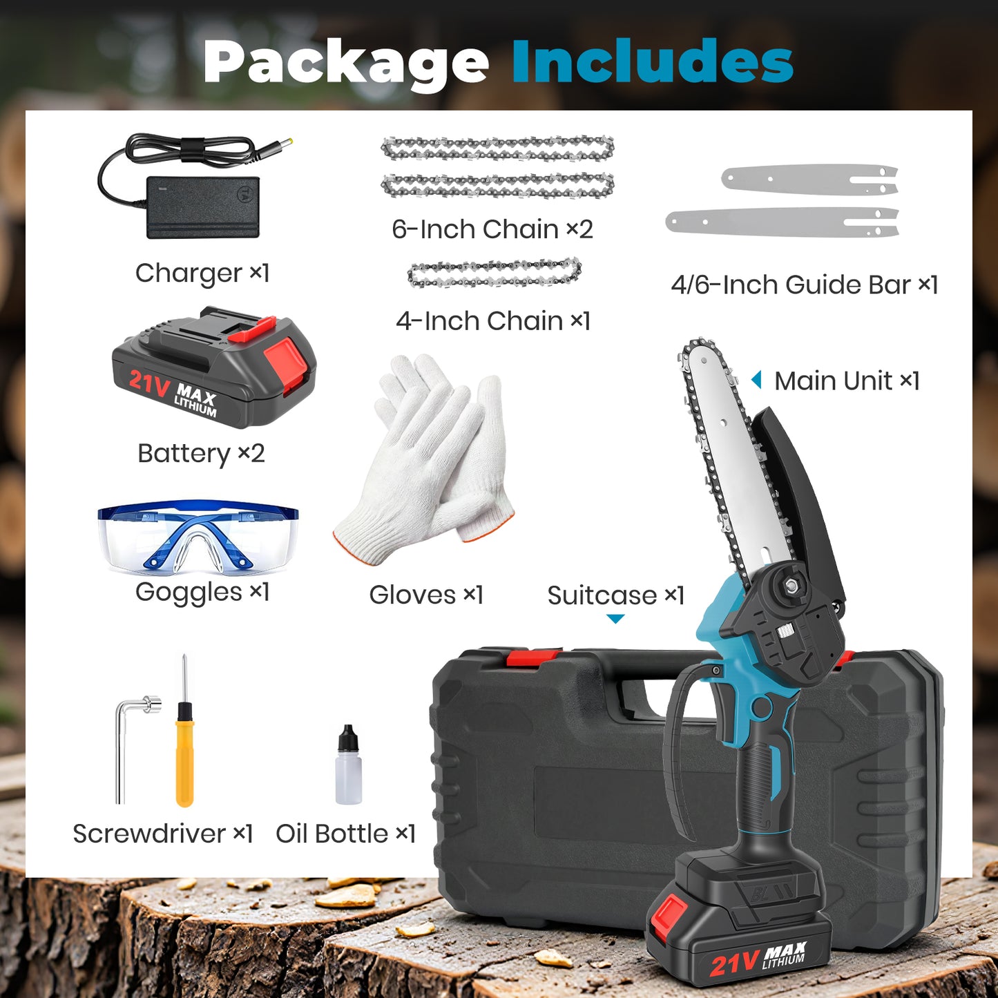 Mini Chainsaw Cordless, 6 inch & 4 inch Portable Electric Chainsaw with 2 Rechargeable Batteries and 3 Chains, for Tree Trimming Wood Cutting, Best Gifts for Father, Dad, Husband, Men, Blue
