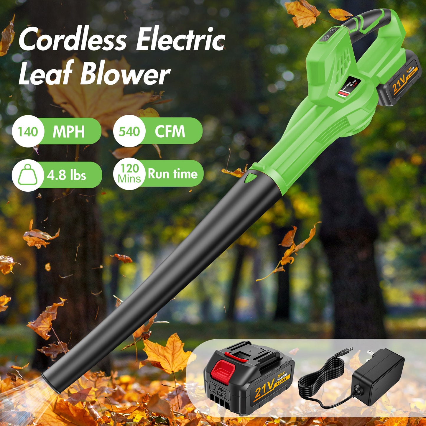 Cordless Leaf Blower, 21V Leaf Blower with 1 Battery, 6-Speed Leaf Blowers for Lawn Care, Patio, Blowing Leaves, Green