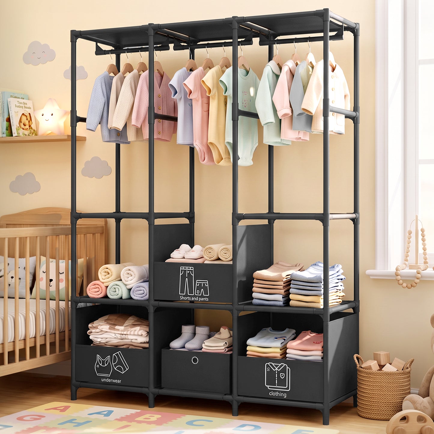 Portable Closet, Non-Woven Fabric Portable Closet Organizers and Storage, Clothes Storage with 3 Storage Drawers, Wardrobe Closet for Bedroom and Living Room, Black
